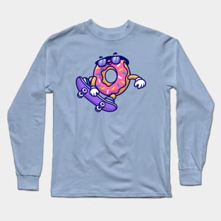 Cute Doughnut Playing Skateboard Cartoon Long Sleeve T-Shirt